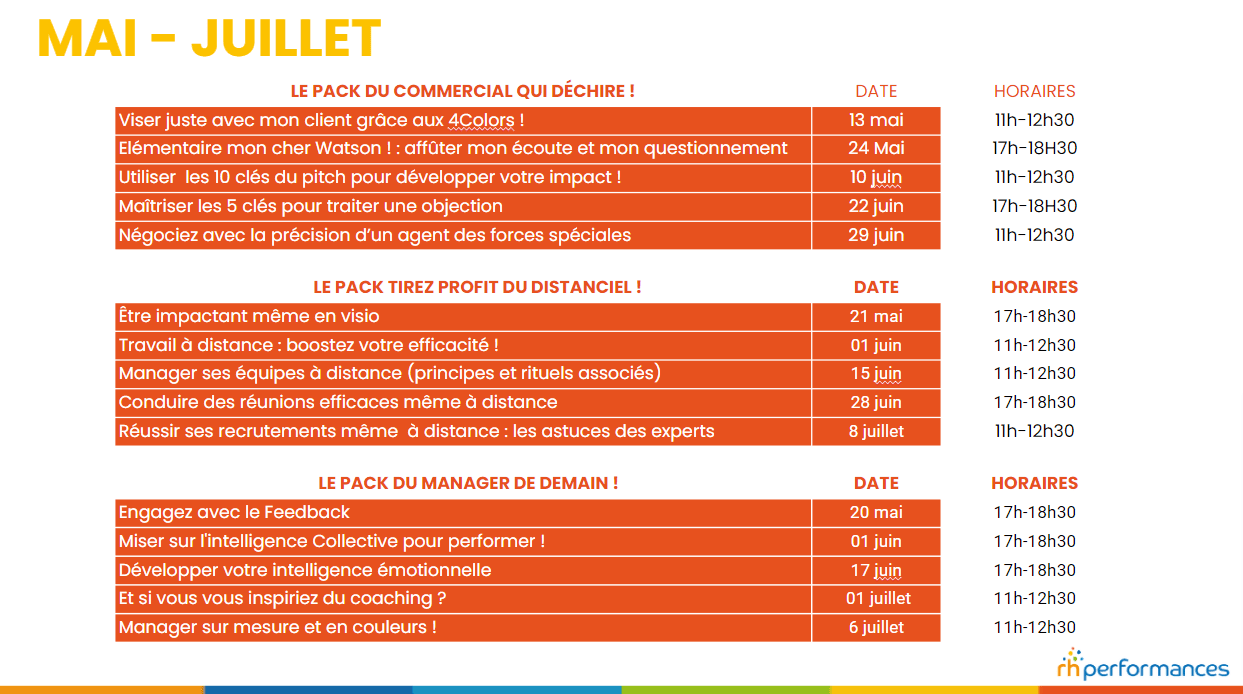 Programme de formation à distance Live Training de mai à juillet 2021